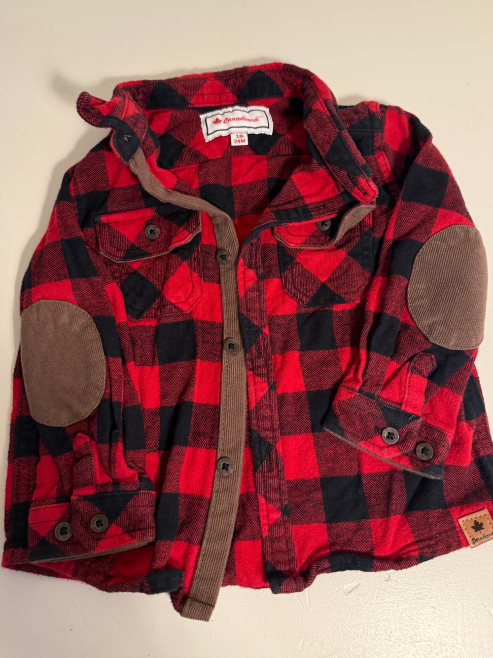 Canadiana 18-24M Red Buffalo Plaid Flannel Button Up Shirt Elbow Patches